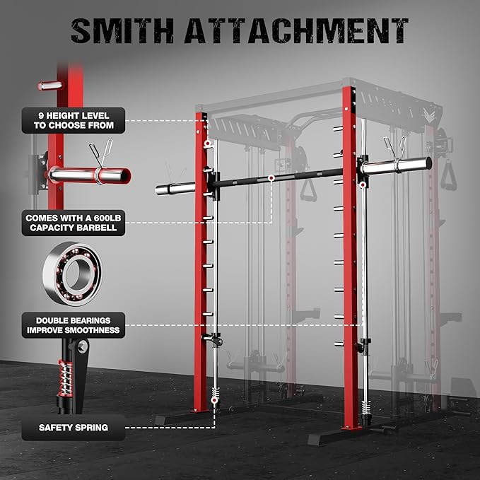 M21 Smith Machine, Multi-Function Power Cage with Dual Pulley Cable Crossover System, 2000LBS All-in-One Squat Rack with Smith Bar and Attachments