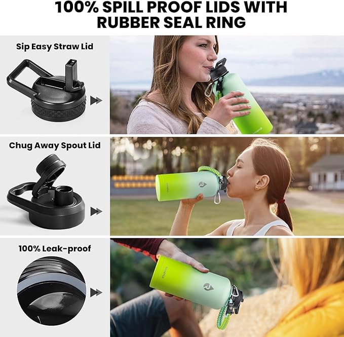 Insulated Water Bottle 87 oz, Triple Wall Vacuum Stainless Steel (Cold for 48 Hrs), Leak Proof & Non-BPA, Modern Water Flask Jug with Paracord Handle & Straw Spout Lids, Ombre Green