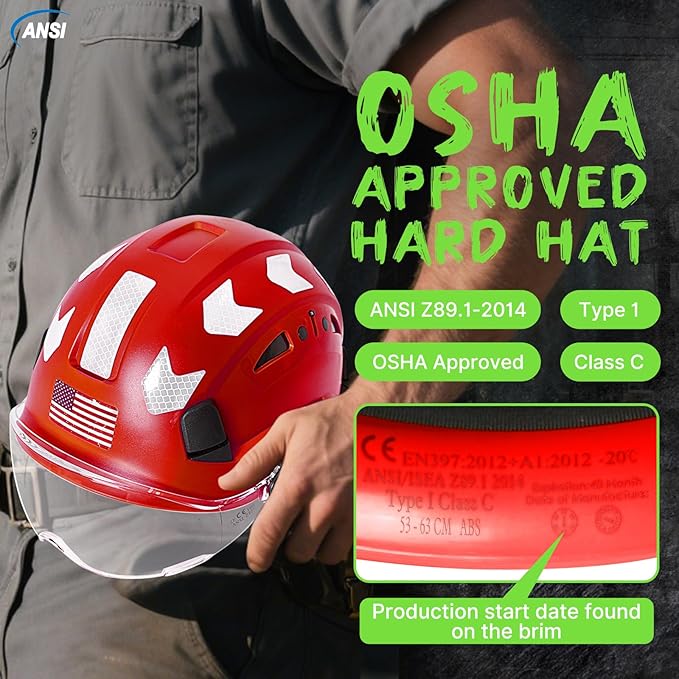 AOLAMEGS Construction Safety Hard Hat - ANSI Z89.1 Type Ι OSHA Approved Safety Helmets with Chin Straps Lightweight Reflective Vented ABS Hard Hats For Men Women Industrial Workwear 6-point Suspension