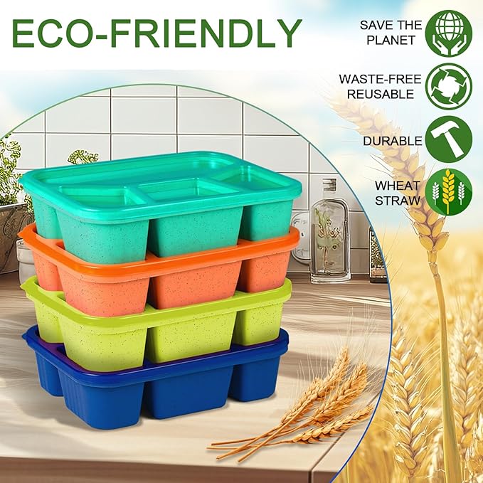 4 Pack Bento Box Lunch Box Container for Adult Kid, 4 Compartment Meal Prep Containers with Lids, Reusable Snack Box Container for Work Travel Picnic, Microwave & Dishwasher Safe