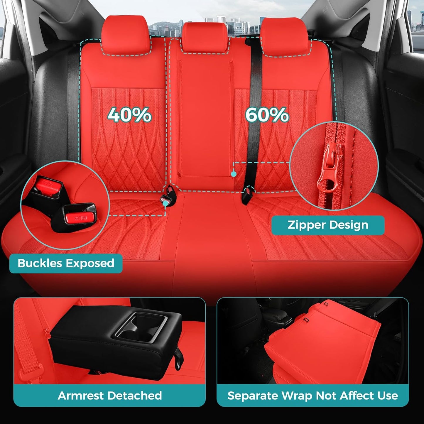 Seat Covers for Honda Civic Sedan EX-L, EX-T, EX, Touring, LX-P, Sport 2016 2017 2018 2019 2020 2021, Faux Leather Car Seats Cover Full Set(Rear Row 40/60 Split & Folding Backrest)-RED