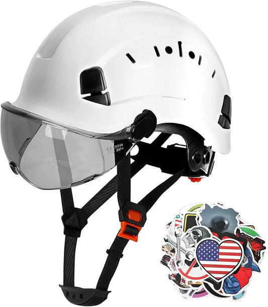 AOLAMEGS Construction Safety Hard Hat - ANSI Z89.1 Approved Safety Helmet with Visor & 50pcs Hard Hat Stickers Sliding Vented Hardhat for Men Women Adults Industrial Workwear Outdoor (Smoke Visor)