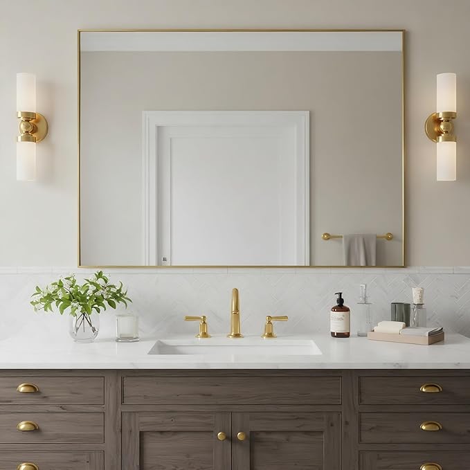 30x40 Inch Brass Bathroom Mirror for Wall, Aluminum Frame Rectangle Rectangular Vanity Mirror, Modern Large for Bedroom, Living Room, Horizontal or Vertical