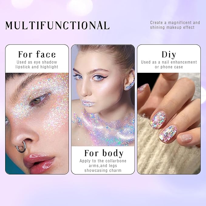 Roll-on Holographic Body Glitter Gel for Face Hair, Chameleon Color Changing Glitter Gel Under Light, Chunky Mermaid Sequins Festival Party Rave Accessories Shimmer Makeup (13# Dazzle)