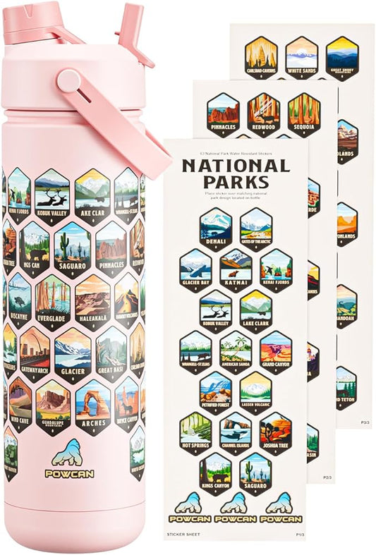 26 oz National Parks Water Bottle with Waterproof Stickers: 2-in-1 Straw Spout Lid, Keep Cold 24H, Leakproof, Car CupHolder Friendly, Insulated Stainless Steel Cup for Travel, Sports, School (Pink)