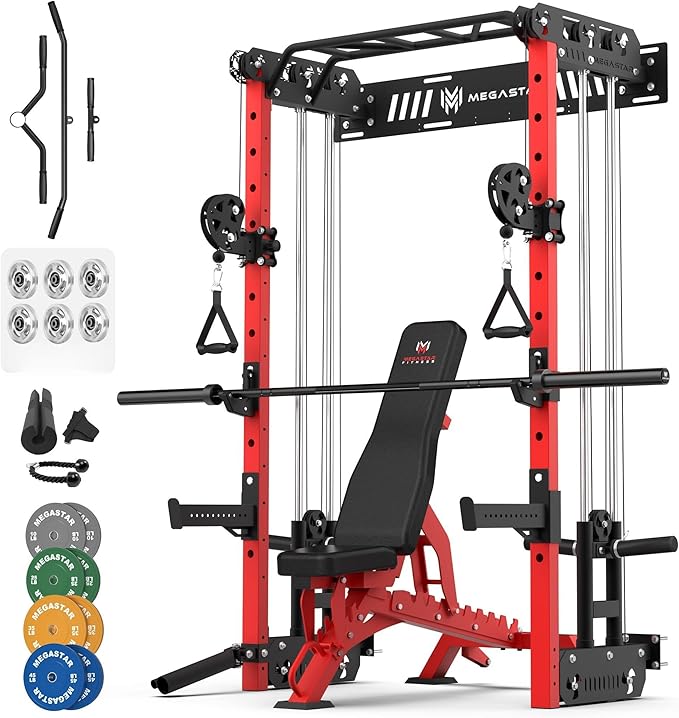 Wall Mounted Power Rack – 1600LB Capacity Compact Commercial Home Gym with Dual Cable Crossover, LAT Pulldown, Multi-Grip Pull-Up Bar & Landmine Attachment for Small Spaces, P67 Striker Red