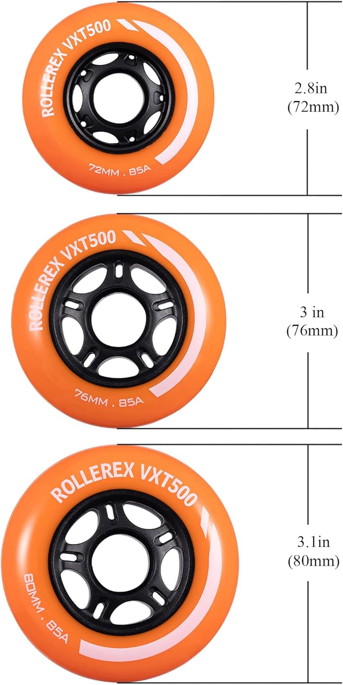 Rollerex VXT500 Inline Skate Wheels (8 Wheels w/Bearings, spacers and washers) (Various Size & Color Options Available) - for Indoor, Outdoor, Hockey - Intended for Roller Blade Wheel Replacement