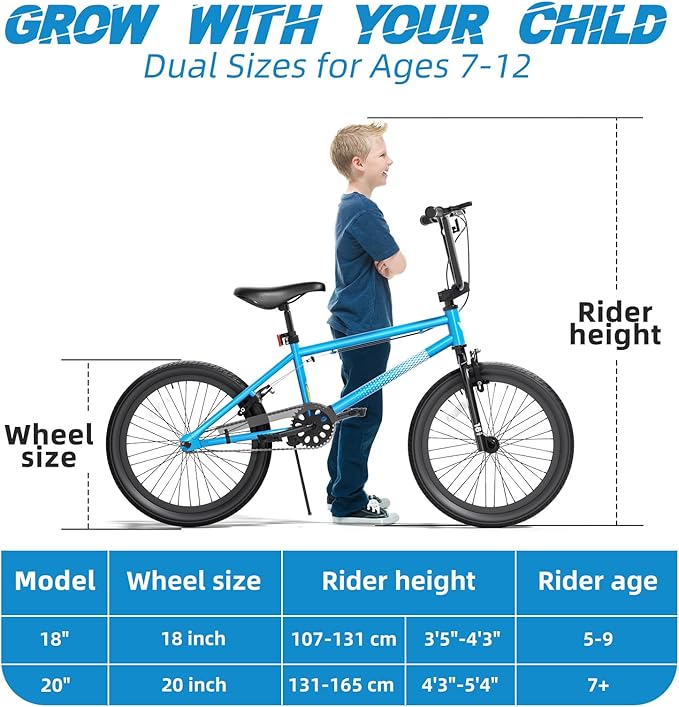67i Boys BMX Bike 18/20 Inch Ages 8-12 Kids Bicycle with Front Rear U Brake Adjustable Seat Iron Fork 2.09" Wide Tires