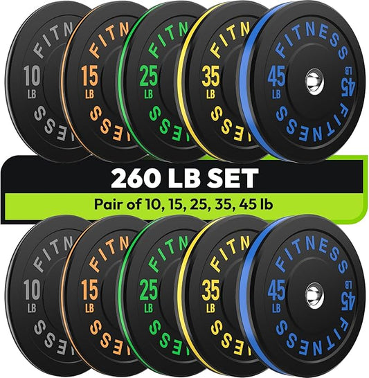 Rubber Weight Plates, Olympic Bumper Plate Set 2-Inch, 45/100 / 160/190 / 260/300 lb Barbell Weights for Home Gym, Colored Standard Strength Training Plates for Weightlifting