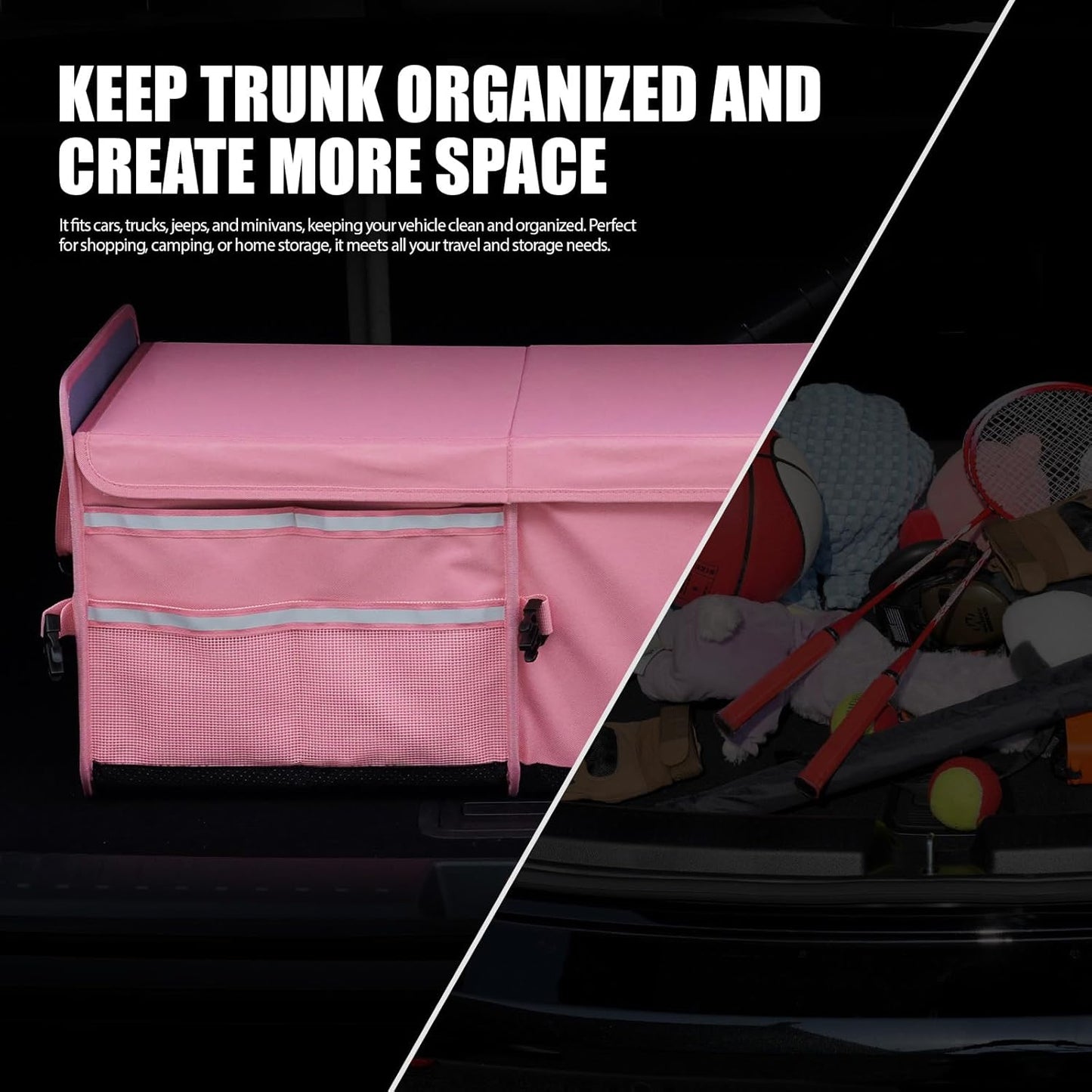 LIBZAKI Car Trunk Storage Organizer, Multi Compartment Collapsible Trunk Storage Box for Car Truck SUV-Pink