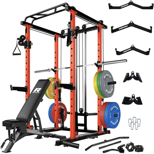 RitFit Multi-Function Squat Rack Power Cage PPC03 with Cable Crossover System, 1000LBS Capacity Power Rack and Packages with Optional Weight Bench, Barbell Weight Set, for Garage Workout & Home Gym