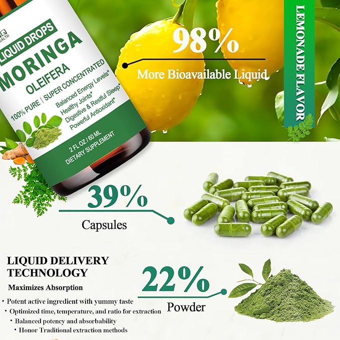 2 Pack Organic Moringa Liquid Drops, Fast-Absorbing Leaf Extract with Turmeric, Black Pepper & Vit C Immune Energy Metabolism & Joint Support丨6x Potency vs Powder Capsules丨Natural Superfood Supplement
