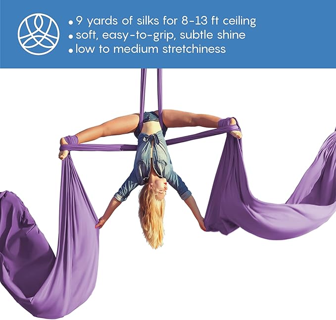 Aerial Silks Starter Kit - Durable 9 Yards of Aerial Yoga Hammock with Hardware & Guide - Aerial Swing for Acrobatic Flying Yoga & All Levels (Aerial Rigging Point Up to 13ft)