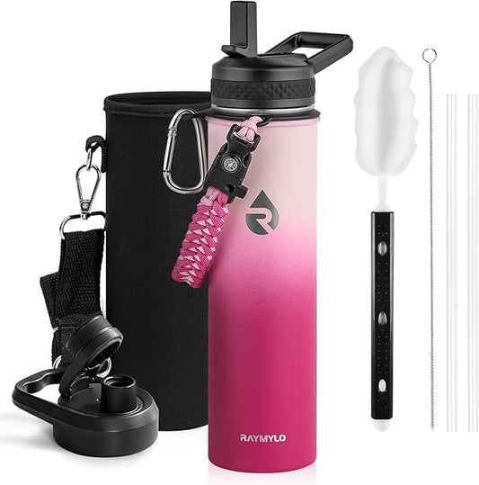 Insulated Water Bottle 24oz, Triple Wall Vacuum Stainless Steel (Cold for 48 Hrs, Hot for 24Hrs), Leak Proof & Non-BPA, 24oz Hydro Water Flask with Paracord Handle & Straw Spout Lids