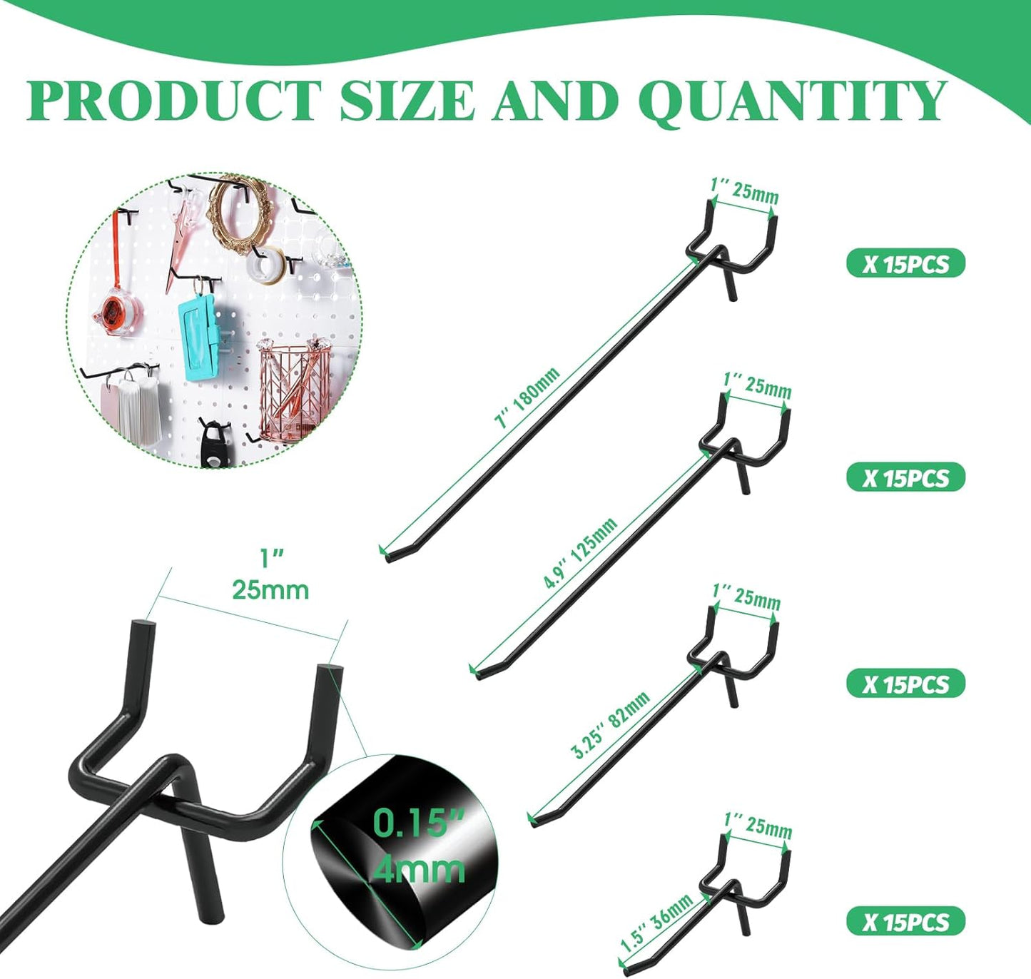 60Pcs 2" 4" 6" 8" Pegboard Hooks Assortment Set, Metal Peg Board Hooks with 2.5mm Hole Pitch 4mm Wire Diameter Slatwall Hanging Hook for Garage Organization Wall Hanging (Black)