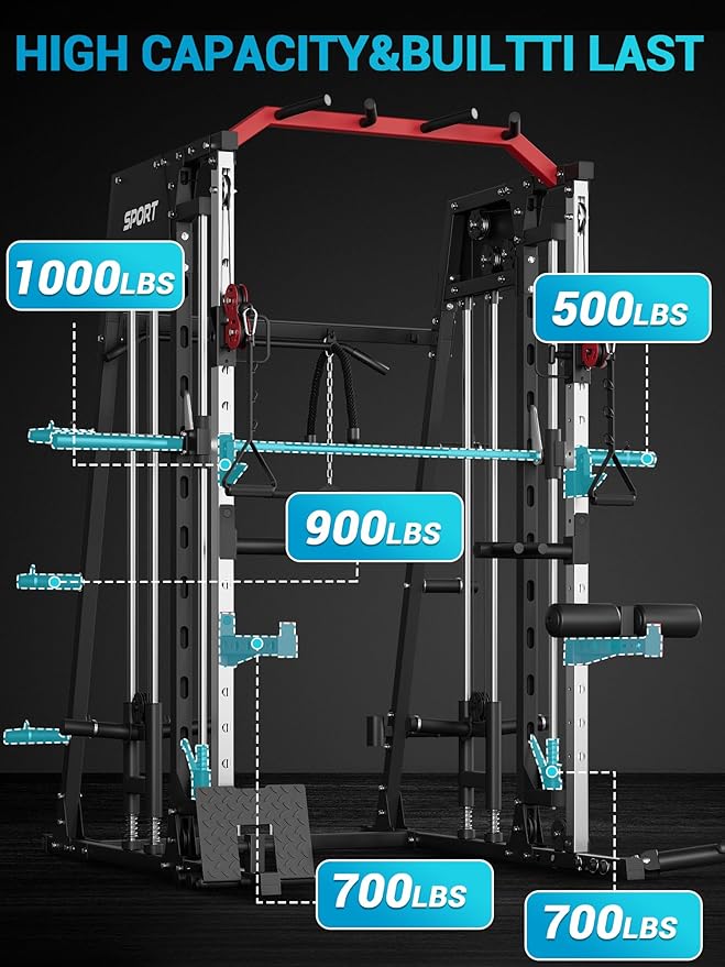 Smith Machine, Power Cage Squat Rack with Cable Crossover, Dual Pulley System, Pull-Up Bar, Home Gym Workout Equipment with Attachments for Strength Training and Weightlifting