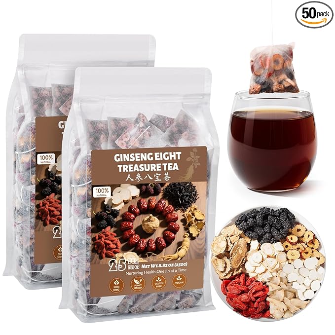 Goji Berries Ginseng Kidney Tea Formula Ginseng Eight Treasure Tea 8 Natural Ingredient Kidney Cleanse Detox & Repair for Women & Men Caffeine-Free 50 Count (Pack of 2）
