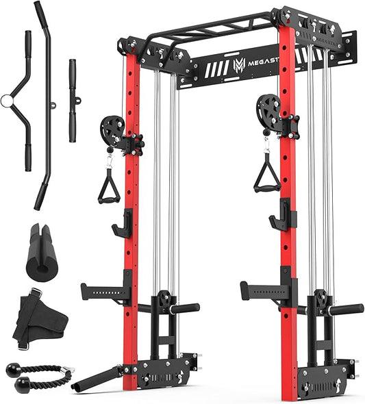 Wall Mounted Power Rack – 1600LB Capacity Compact Commercial Home Gym with Dual Cable Crossover, LAT Pulldown, Multi-Grip Pull-Up Bar & Landmine Attachment for Small Spaces, P67 Striker Red