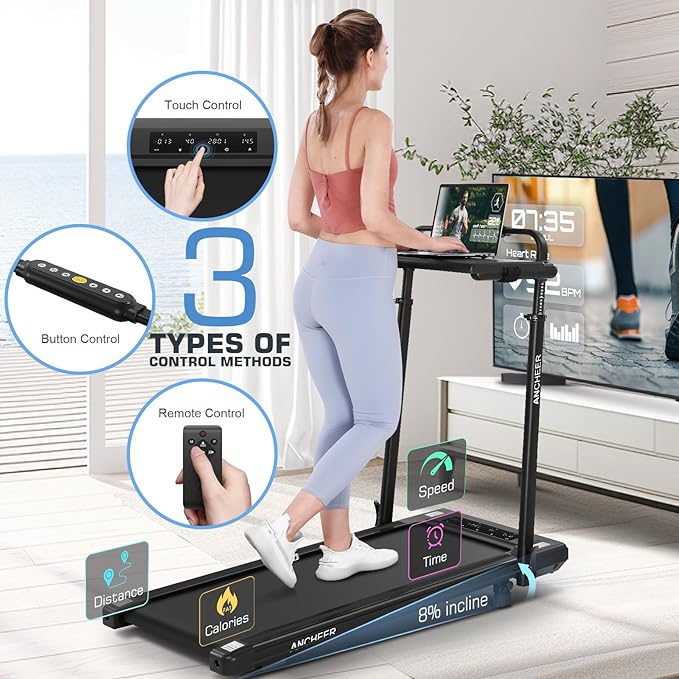 ANCHEER Walking Pad Treadmill with 12% Incline&Adjustable Height, 4 in 1 Under Desk Treadmills with Desk Workstation, Foldable Treadmill for Home 300lb,3 Type Control