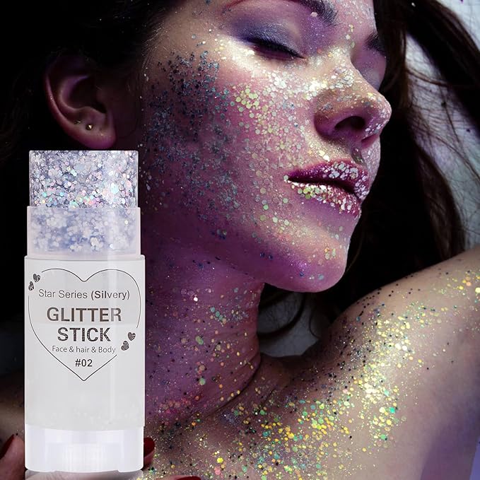 Silver Face Hair Glitter Stick, Chunky Sequins Body Glitter Rave Music Festival Outfits for Kids and Women,Waterproof Shimmer Accessories for Parties & Events