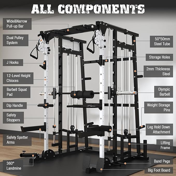 Smith Machine,2200 LBS Squat Rack for Home Gym with Dual Pulley System,Multifunctional Power Rack Cage for Strength Training with More Attachments