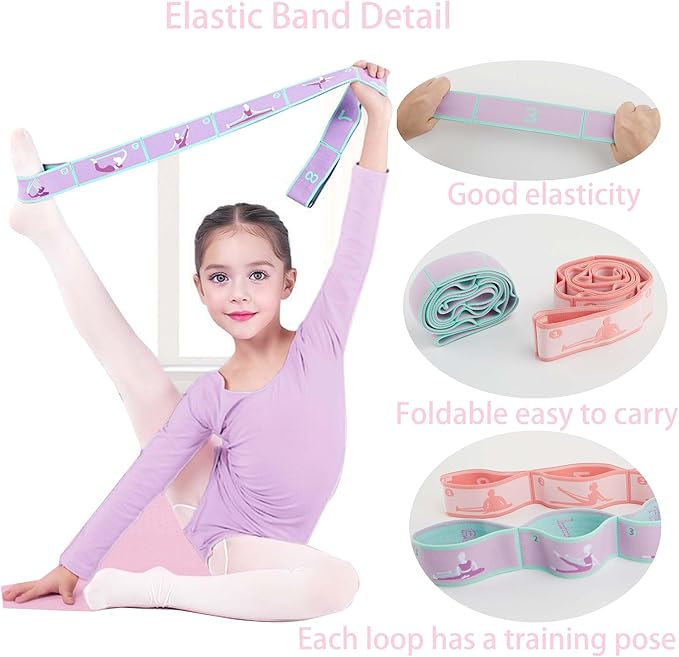 2pcs Stretch Strap for Kids,Elastic Yoga Stretching Strap with Loops, Multi-Loop Adjustable Exercise Stretching Bands，Stretching Resistance Ballet Bands for Dance, Latin, Gymnastics Exercis -8Loops