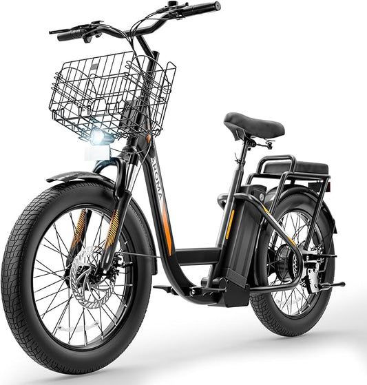 Caroma Electric Scooter with Seat, 48V Removable Battery E-Bike, Up to 30Miles&20MPH, 500/800/1200W Motor, 20" Fat Tire Adult Electric Bicycles for Commuting with Basket