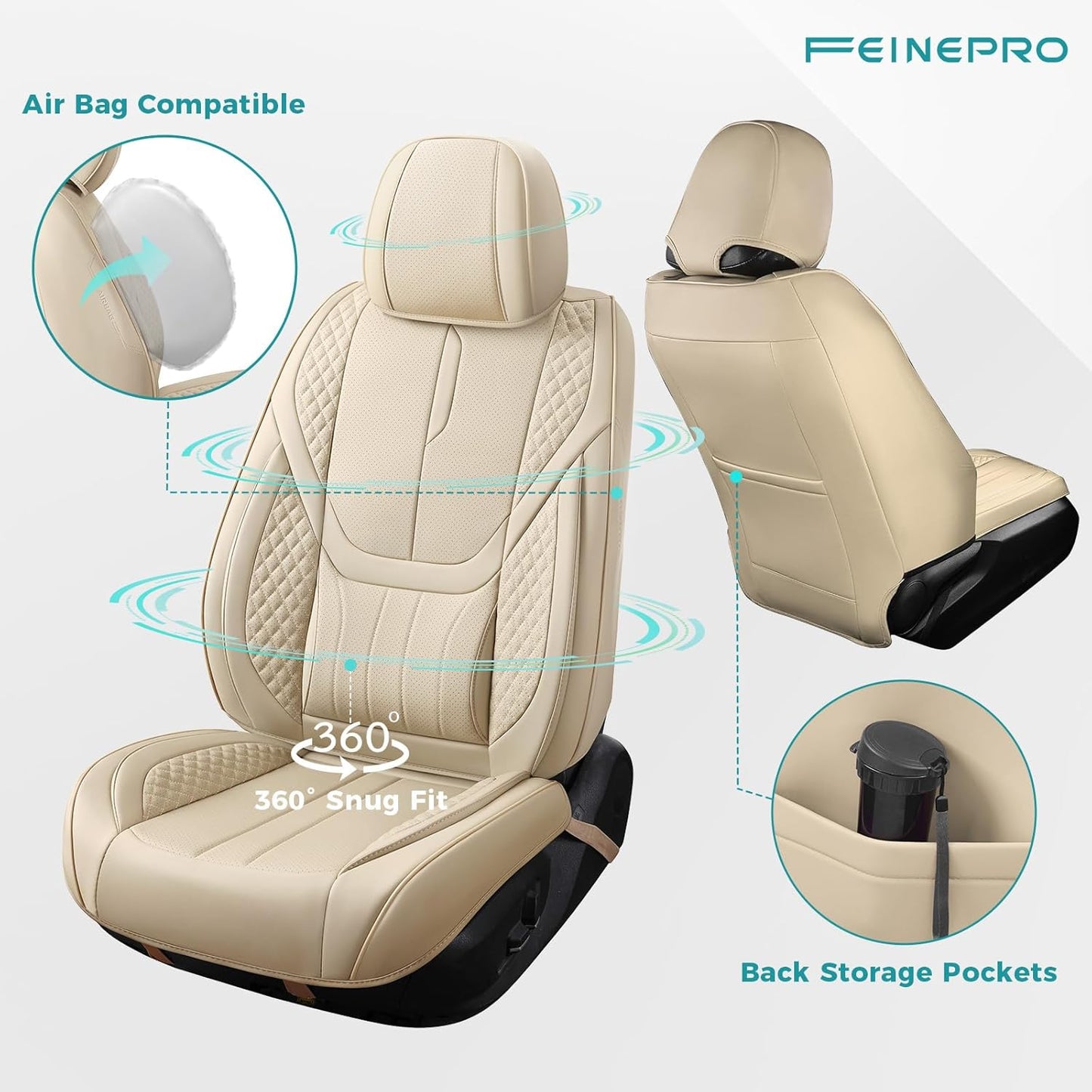 Car Seat Covers Full Set - Universal Seat Covers for Cars SUV Truck – Faux Leather Automotive Seat Covers, Breathable & Waterproof Front and Rear Seat Protectors, Fit for Most Cars-Beige
