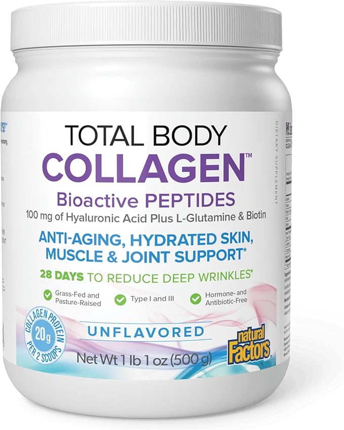 Natural Factors Total Body Collagen Bioactive Peptides Powder for Healthy Skin, Hair & Joints, Unflavored, 500 g