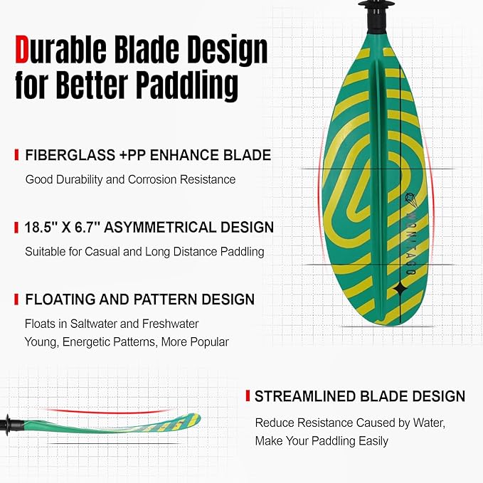 Kayak Paddles with Fiberglass Shaft and Reinforced PP Blade, Floating Adjustable Kayaking Oars, 3 Piece, 220-240 cm/86-94 Inches, 240-260 cm/94-102 Inches