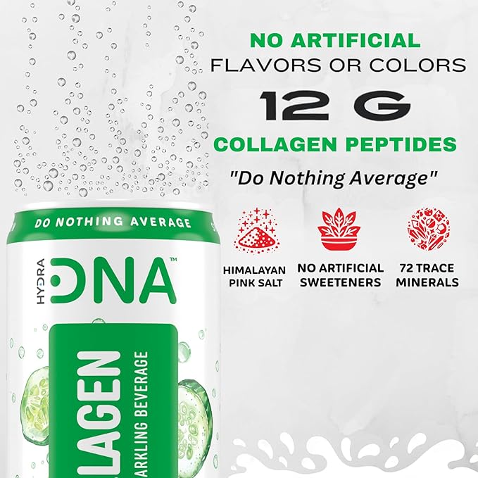HYDRADNA- Sparkling Liquid Collagen Protein Water Drink Balanced Nutrients for Wellness - Sugar-Free - Keto-Friendly - No Gluten (12 Pack) Cucumber Lime