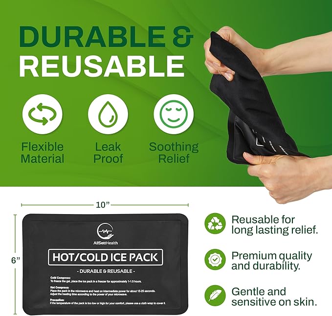 2 Pack Reusable Ice Packs for Injuries - Soft Ice Pack with Velvet Soft Fleece Fabric | Flexible Hot and Cold Gel Ice Pack Set- Cold Packs for Injuries, Knee, Back, Neck Pain - 10 x 6, Black