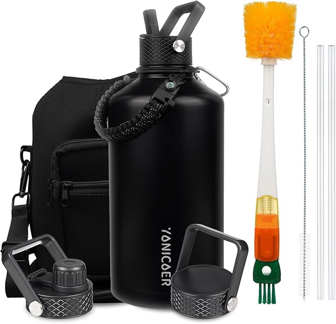 Insulated Water Bottle 64oz,Triple Wall Vacuum Stainless Steel(Dishwasher Safe),Leak Proof & Non-BPA,Flask Jug with Paracord Handle & Straw Spout Lids Sports