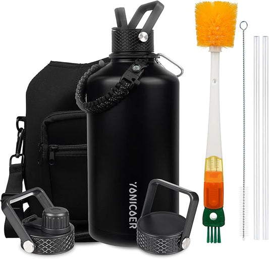 Insulated Water Bottle 64oz,Triple Wall Vacuum Stainless Steel(Dishwasher Safe),Leak Proof & Non-BPA,Flask Jug with Paracord Handle & Straw Spout Lids Sports