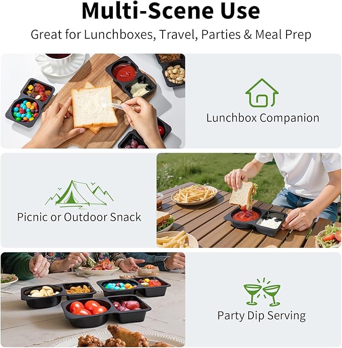 20 Sets Reusable Snack Containers with Lids & 20 Sporks – Double Compartment for Portion Control, BPA-Free Leak-Proof Dipping Containers for Meal Prep, Travel, and Outdoor Snacks (Black)