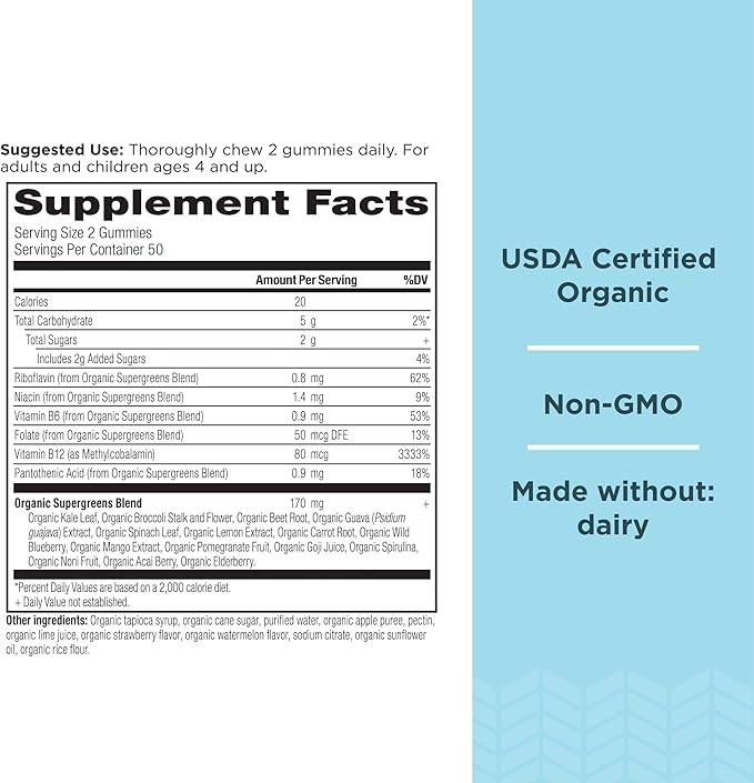 Ancient Nutrition Supergreens Gummy, Organic Superfood Gummy Made from Real Fruits, Vegetables and Herbs, for Digestive and Energy Support, 100 Count, Strawberry Watermelon