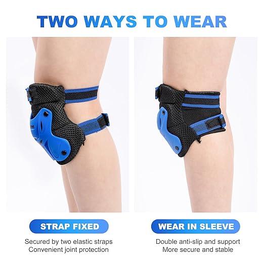 2PM SPORTS Knee Pads for Kids, Wrist Guards Knee and Elbow Pads Set with Drawstring Bag, Protective Gear Set for Girls Boys Roller Skating Cycling Skateboard - Blue Small