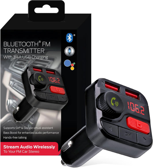Monster Bluetooth FM Transmitter for Car Cigarette Lighter, Bass Boost, Track Back/Forward, Volume, Play/Answer Buttons, Micro SD Card Slot, Microphone, 2 USB Chargers, Google Voice & Siri Compatible
