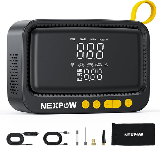 NEXPOW Tire Inflator Portable Air Compressor, 150 PSI Cordless Air Pump for Car Tires with Digital Pressure Gauge & Auto Shut-Off, Air Compressor Portable for Car, Motorcycle, Bicycle, Balls, Yellow