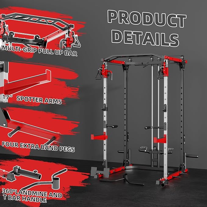 Smith Machine, Power Rack with LAT Pulldown System, Power Cage with Cable System, Squat Rack for Home Gym with Chest Press Machine, Spotter Arms, Leg Curl Attachment and More