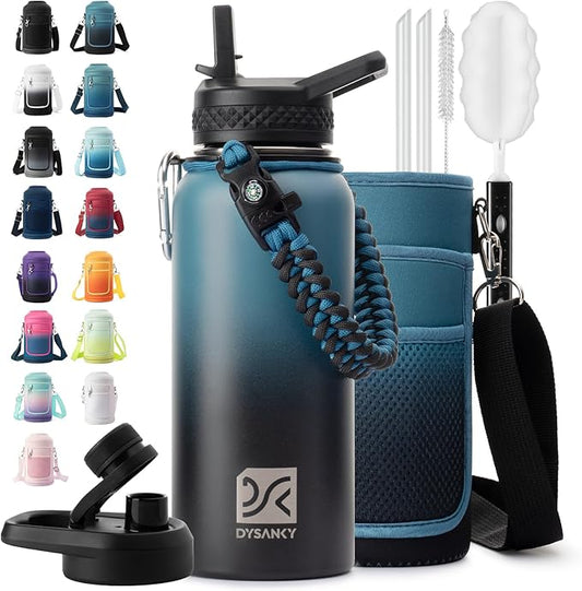 32 oz Insulated Water Bottle | Thickened Stainless Steel Vacuum Metal | Portable Sports Water Jug for Gym and Hiking with Straw, Carrier Bag, Handle Strap | BPA-Free 32 oz