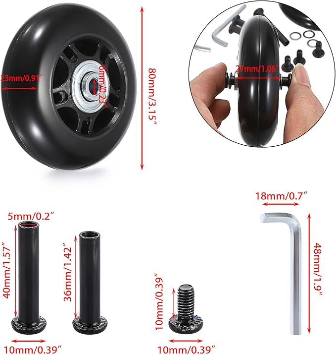 OwnMy 80mm x 23mm Luggage Wheels Replacements - Set of 2 Mute Suitcase Replacement Wheels with Black Screws Axles Bearings, Rotatable Rubber Luggage Suitcase Swivel Wheel Kit