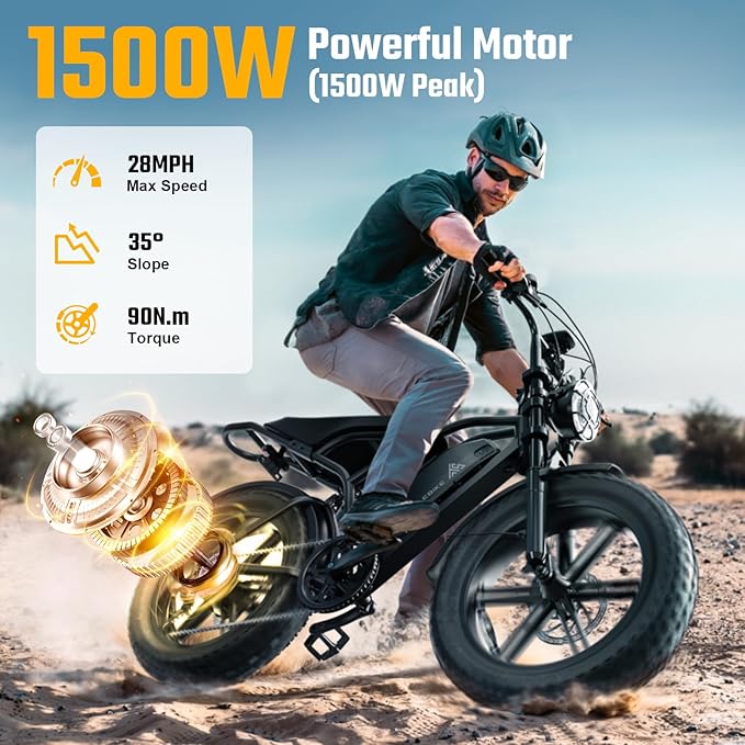 TST Electric Bike for Adults, 1500W Peak Brushless Motor 28 MPH 60 Miles/110 Miles Fat Tire E Bike with 48V 15Ah/ 25Ah Removable Battery 20" Electric Dirt Bike Hydraulic Suspension and 7-Speed