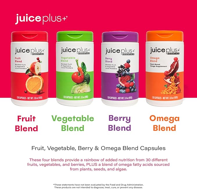 Juice Plus+ Fruit, Vegetable, Berry & Omega Blend Capsules - Nutrition from 30 Fruits, Vegetables & Berries + Plant-Based Omega Fatty Acids - 4 Bottles (60 Servings Each)