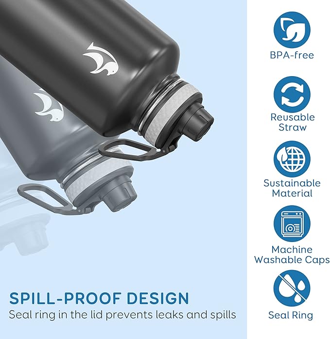 Insulated Water Bottle 87 oz with Straw, Coolflask 2/3 Gallon Stainless Steel Metal 3 Lids Large Water Jug for Sports or Office, Non-BPA Keep Cold Up to 48 Hrs or Hot Up to 24 Hrs, Magic Black