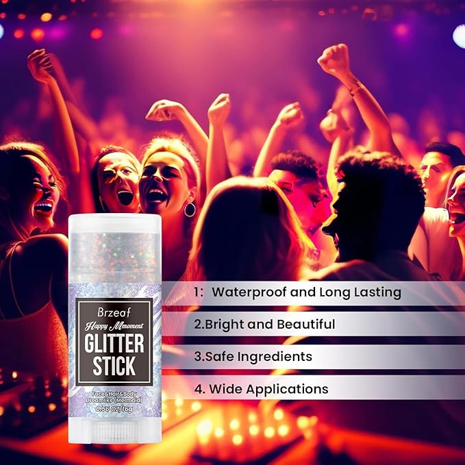 Brzeaf Waterproof Mermaid Glitter Stick, Shimmery& Long Lasting, Hair Eyeshadow Face Body Glitter, Singer Concert Music Rave Festival, Glitter Stick Makeup & Face Glitter Gel for Women Men 0.56 Oz