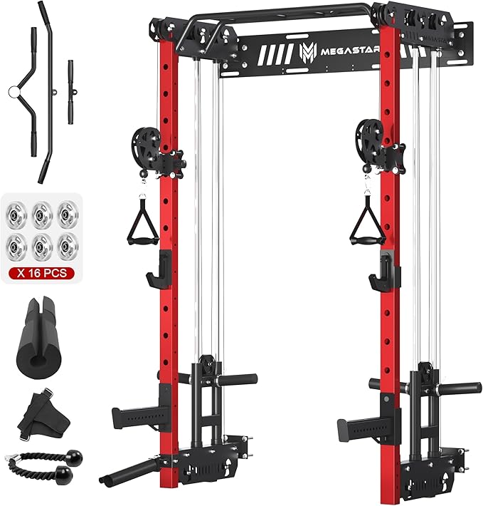 Wall Mounted Power Rack – 1600LB Capacity Compact Commercial Home Gym with Dual Cable Crossover, LAT Pulldown, Multi-Grip Pull-Up Bar & Landmine Attachment for Small Spaces, P67 Striker Red