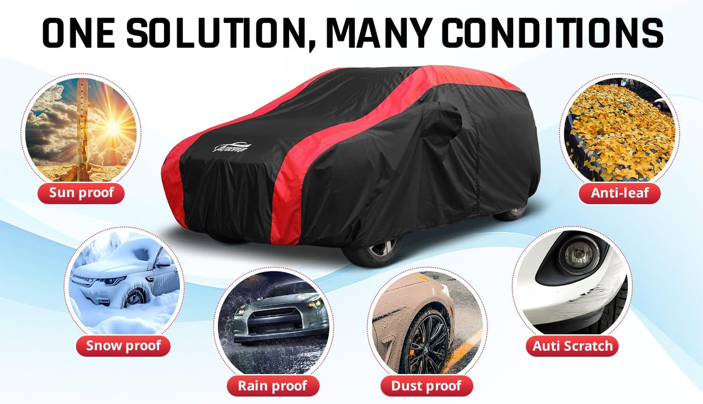 Hatchback Car Cover All Weather Protection with Red Stripe Design,Small SUV Car Cover Universal Fit Nissan Leaf, Honda Civic Hatchback, Mazda 3 Hatchback, VW Golf, Toyota Corolla Hatchback