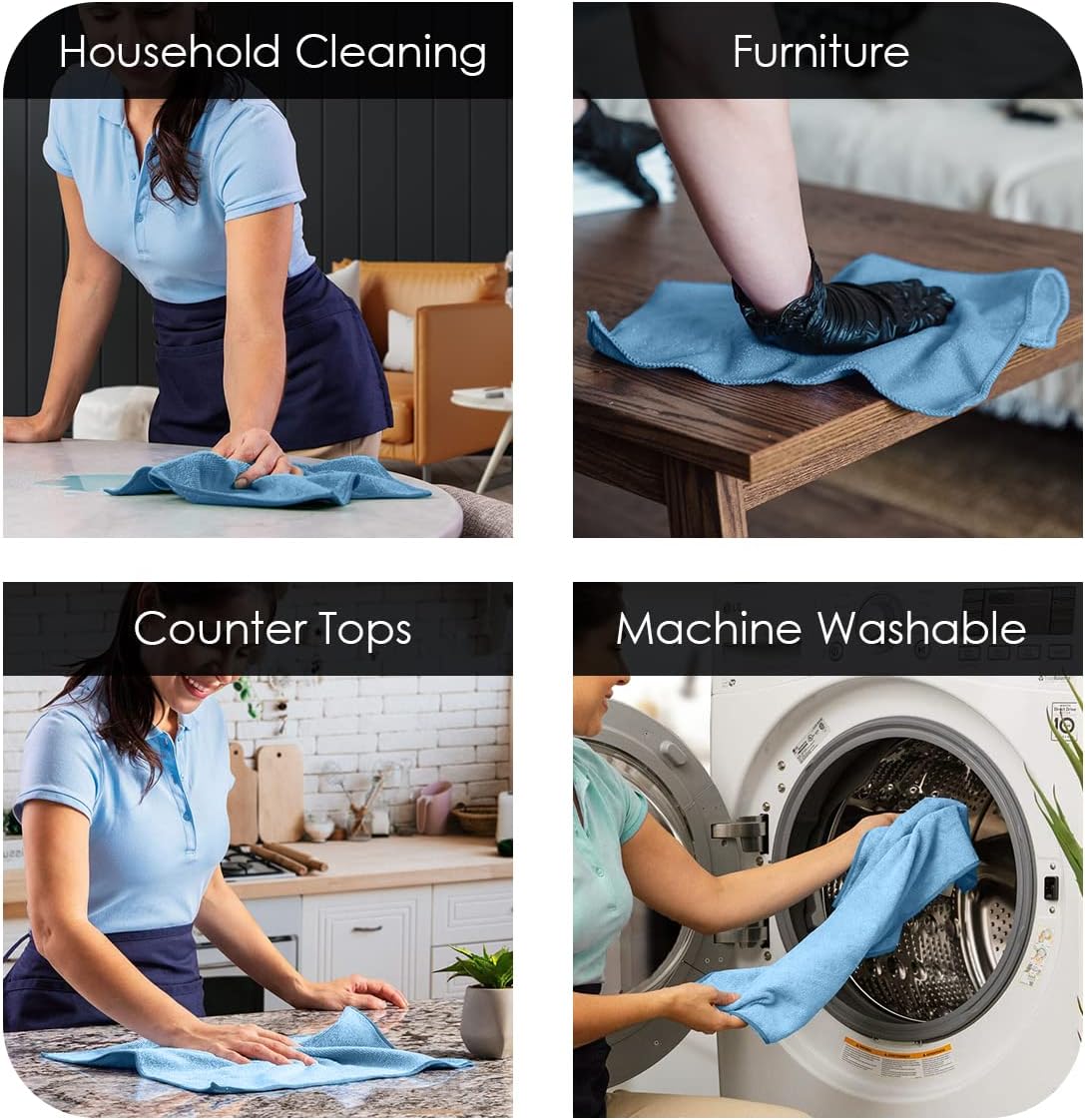 Avalon Towels Microfiber Cleaning Cloths (Value Pack of 36) Size 16" x 16", Highly Absorbent Cleaning Rags, Lint Free Cleaning Towels, Reusable and Washable, Microfiber Towels for Cars (Blue)