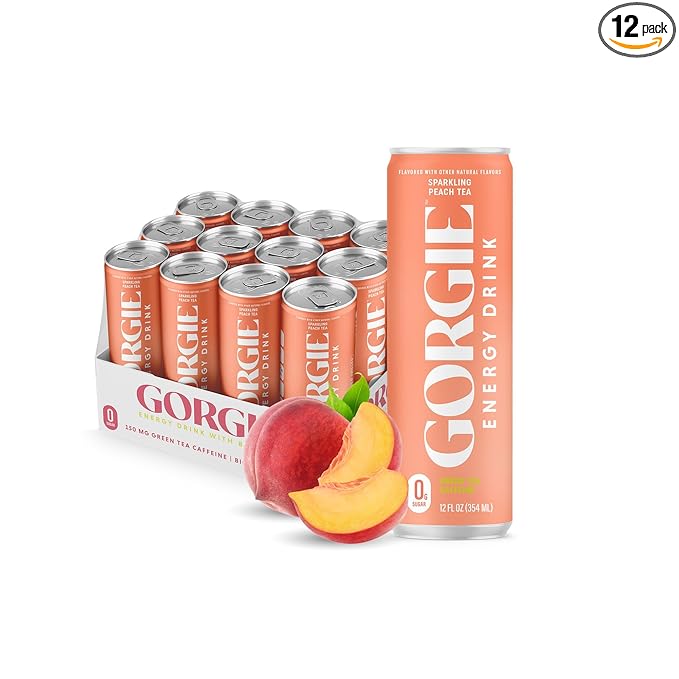 GORGIE Sugar Free Natural Energy Drinks, Peach (12 Pack) - Healthy Energy Drinks - Natural Coffee Replacement with Green Tea Caffeine and Biotin - 150mg Caffeine, Vegan, & Low Calorie
